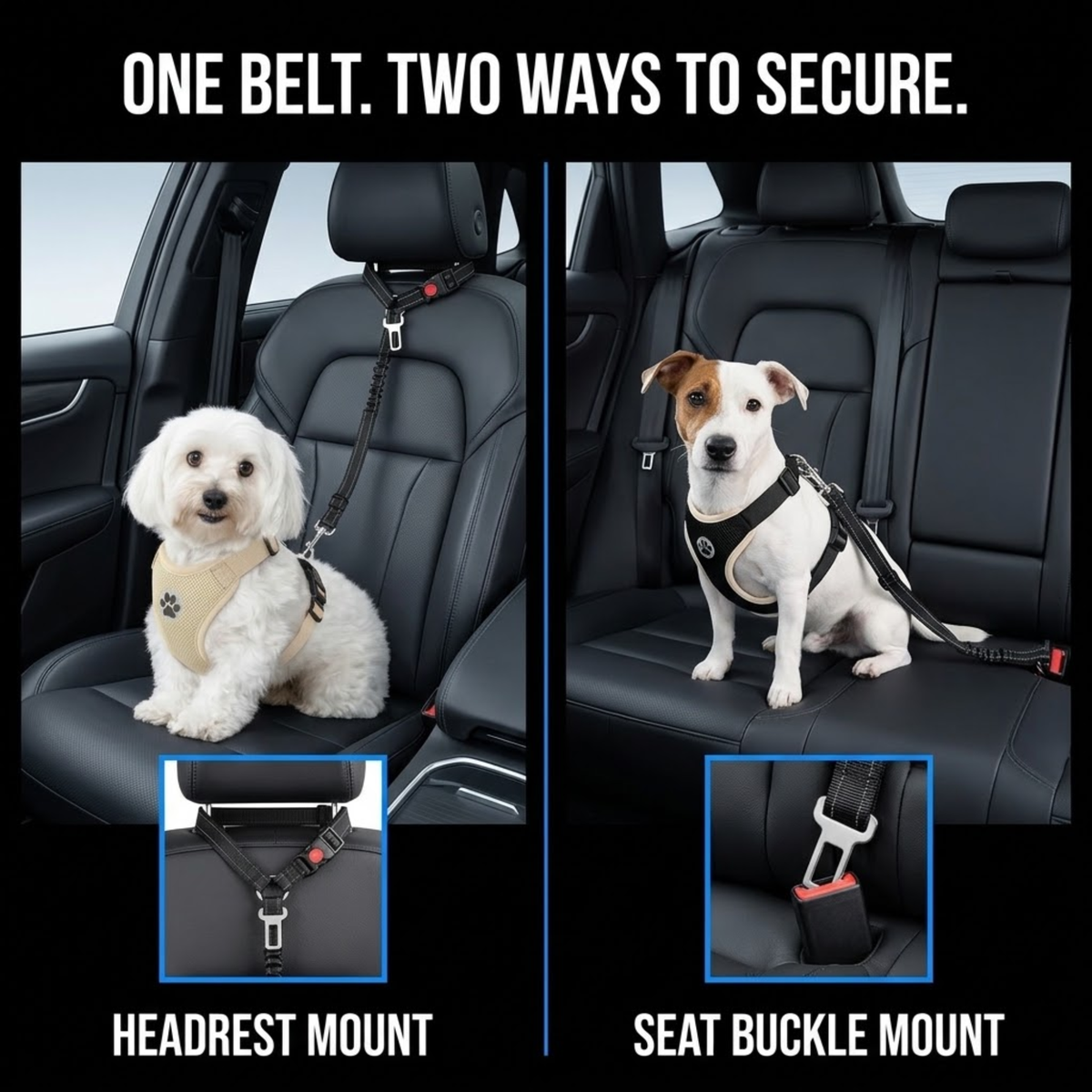 A dog car seat belt buckle mount system shown in two ways: headrest mount on the left and seat buckle mount on the right. Two dogs are shown sitting in black car seats, each wearing a harness connected to a black car seat belt.