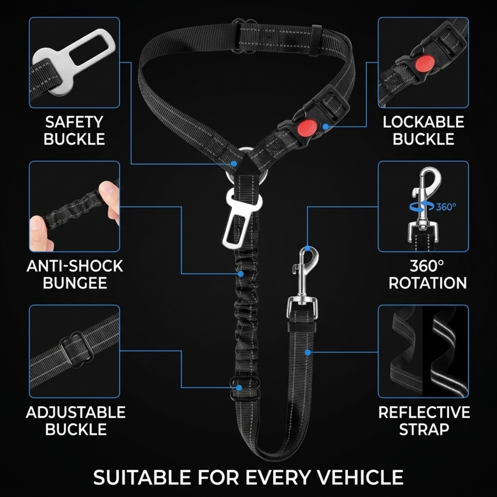 Black pet harness and leash set with callout labels showing features like safety buckle, lockable buckle, anti-shock bungee, 360-degree rotation, adjustable buckle, reflective strap, and suitability for every vehicle, on a black background.