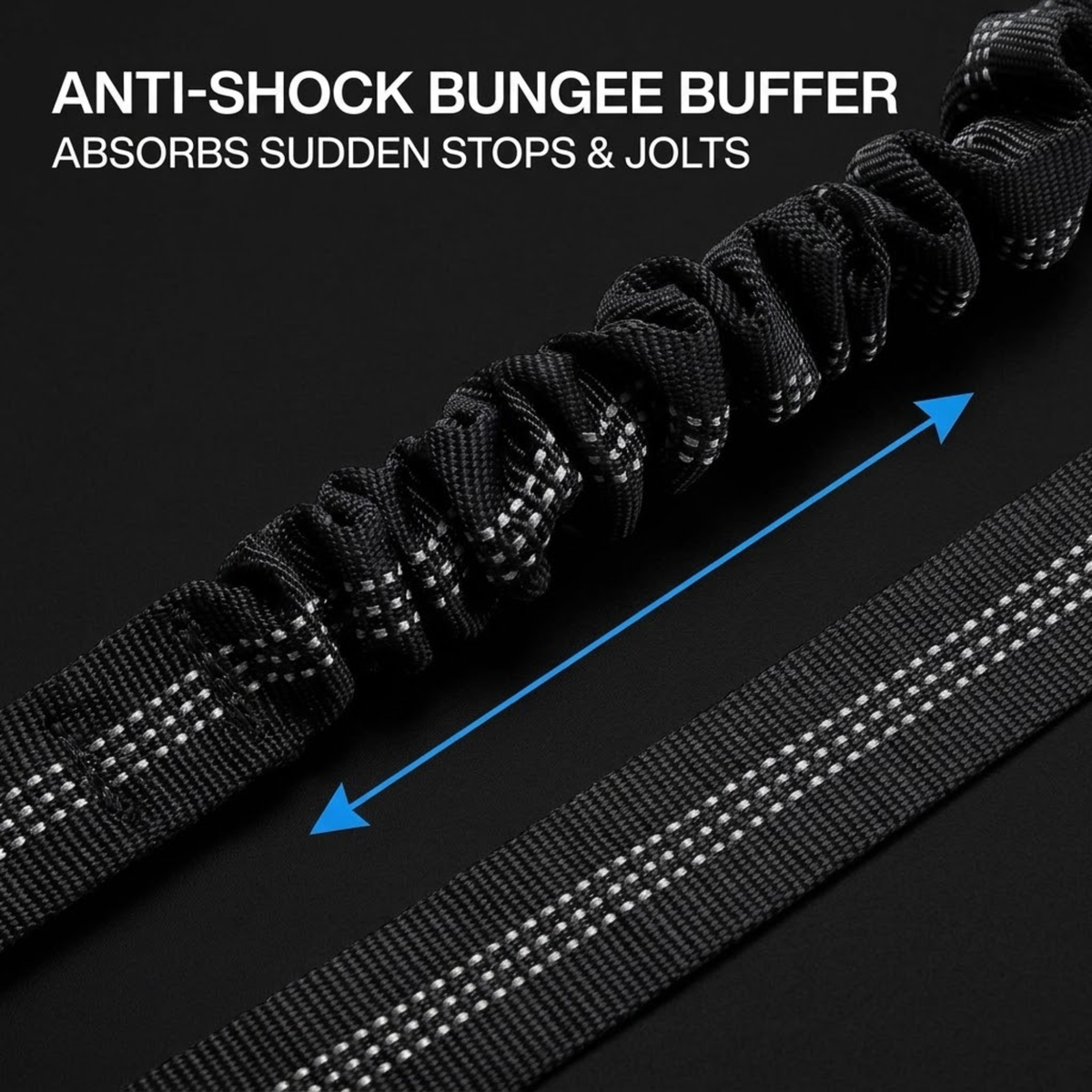 Black anti-shock bungee buffer strap with white reflective stitching, shown on a black background with text reading 'ANTI-Shock BUNGEE BUFFER' and a blue arrow indicating cushioning.