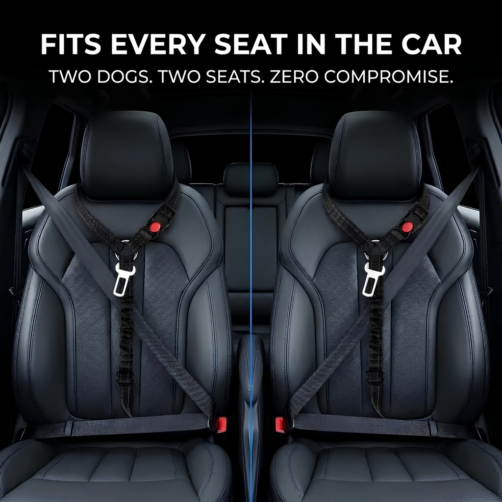 Two black car seats with installed seat belts and red buckle release buttons, shown inside a vehicle with marketing text at the top: 'FITS EVERY SEAT IN THE CAR' and 'TWO DOGS. TWO SEATS.