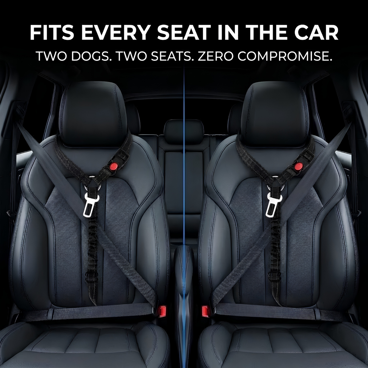 Two black car seats with installed seat belts and red buckle release buttons, shown inside a vehicle with marketing text at the top: 'FITS EVERY SEAT IN THE CAR' and 'TWO DOGS. TWO SEATS.