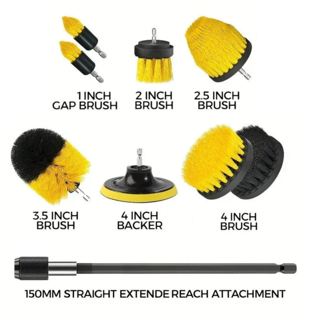 Product list infographic showing 1 inch, 2 inch, 2.5 inch and 3.5 inch brush heads, 4 inch backer and 4 inch brush with extension attachment