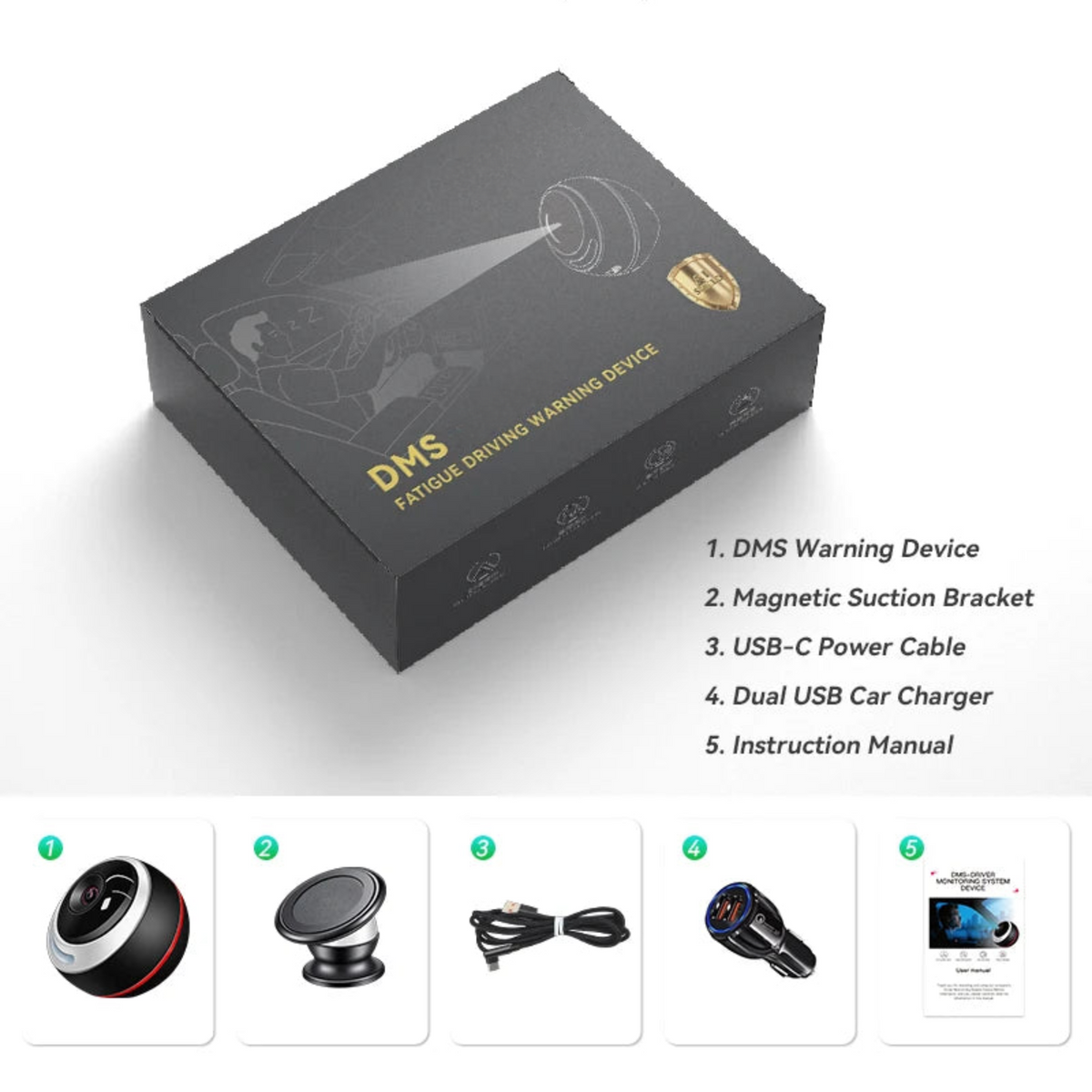 Driver Fatigue Monitor retail box with camera, magnetic bracket, USB-C cable and car charger
