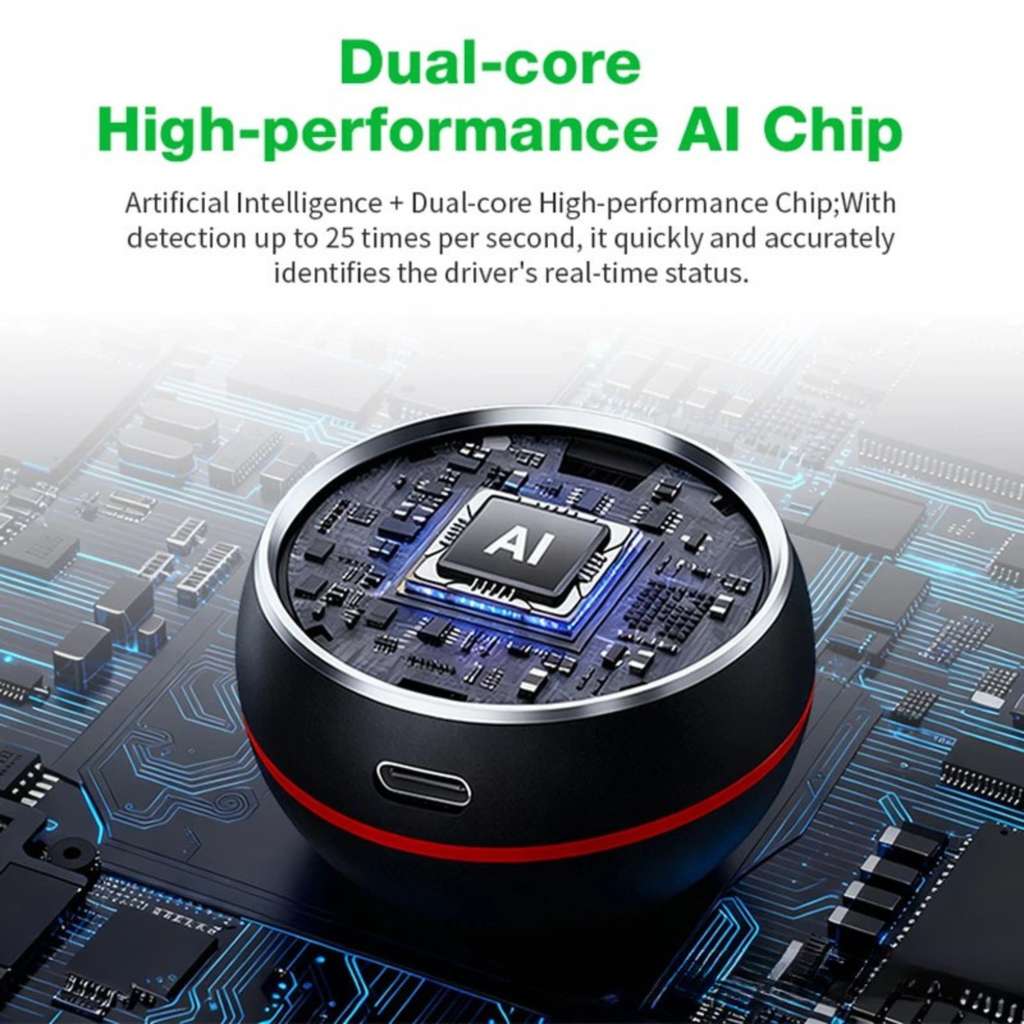 Driver Fatigue Monitor dual-core AI chip shown on a circuit board background