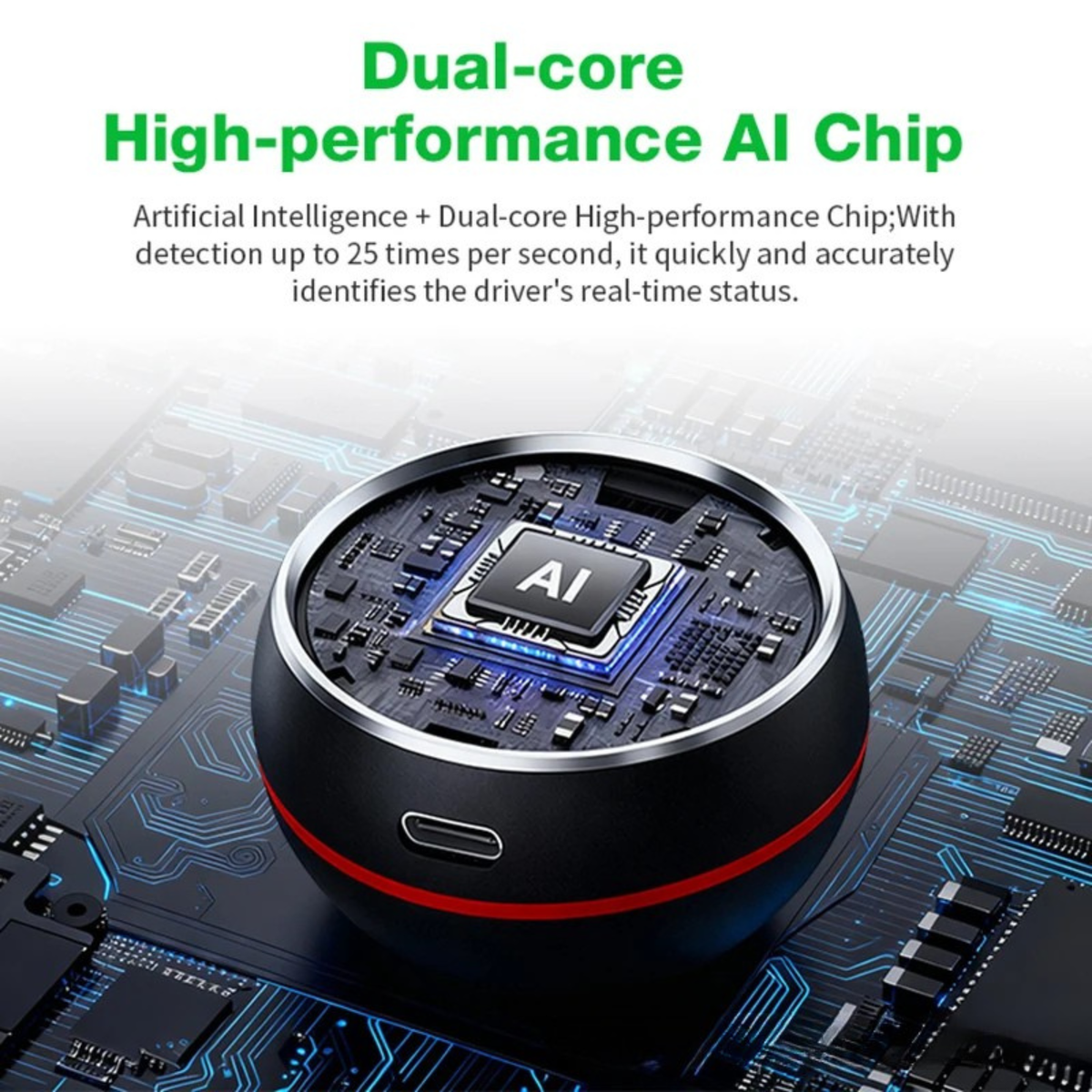 Driver Fatigue Monitor dual-core AI chip shown on a circuit board background