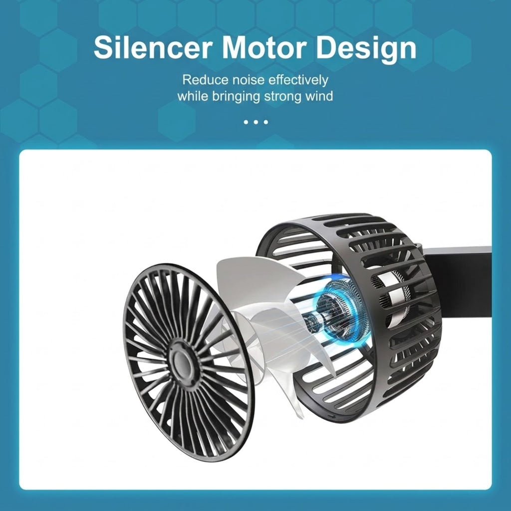 Dual-Head Headrest Cooling Fan silencer motor design exploded diagram showing the internal fan blade and motor for quiet, strong airflow