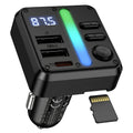 Dual-Port Bluetooth FM Transmitter with LED frequency display, colour light bar, two USB-A ports, USB-C PD port and a micro SD card