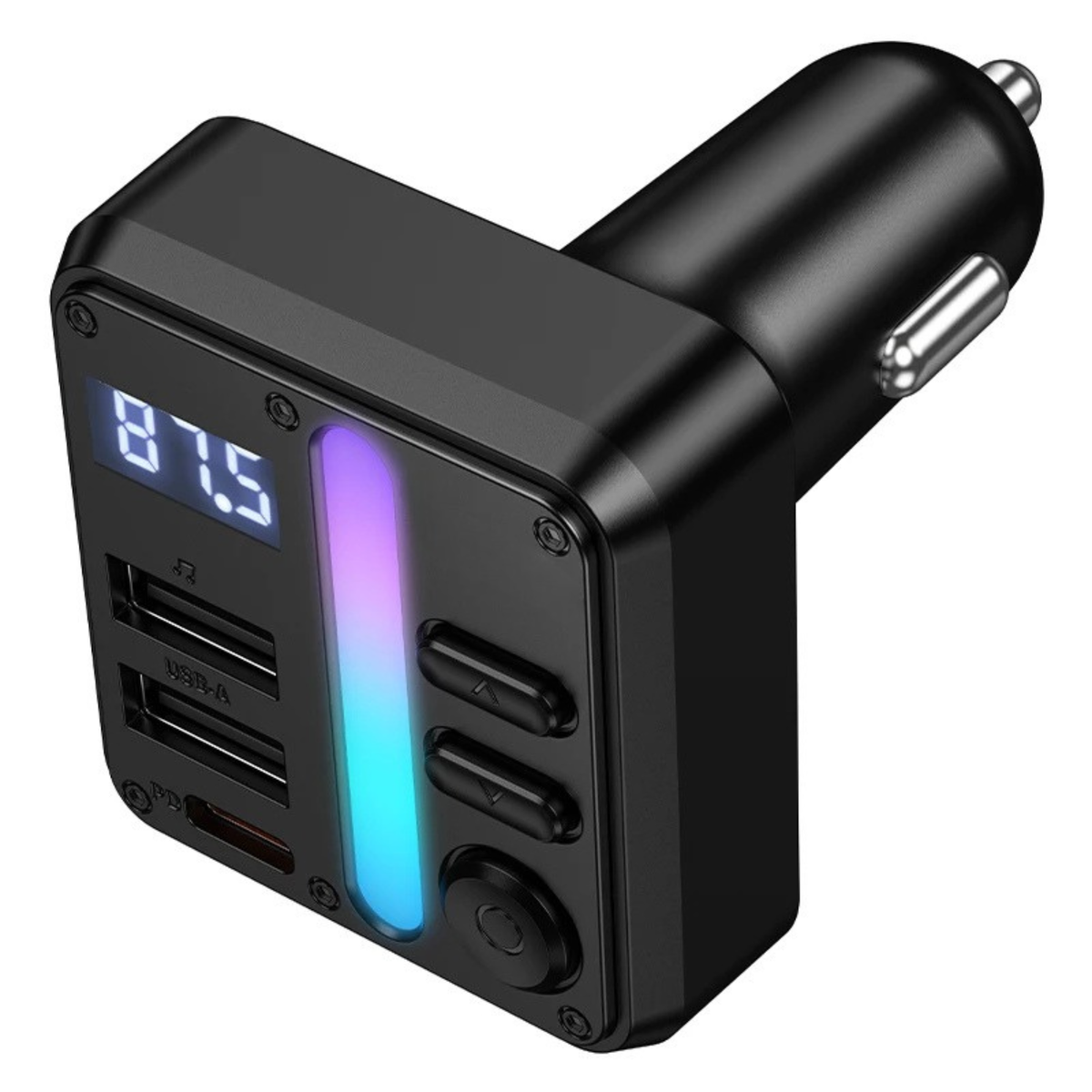 Angled view of a Dual-Port Bluetooth FM Transmitter showing the LED frequency display, colour light bar and charging ports