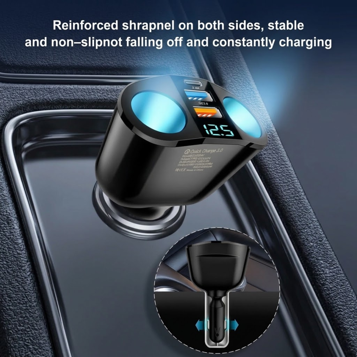 Dual-Socket Fast Car Charger fitted in a car centre console, with inset showing spring side contacts for a secure fit