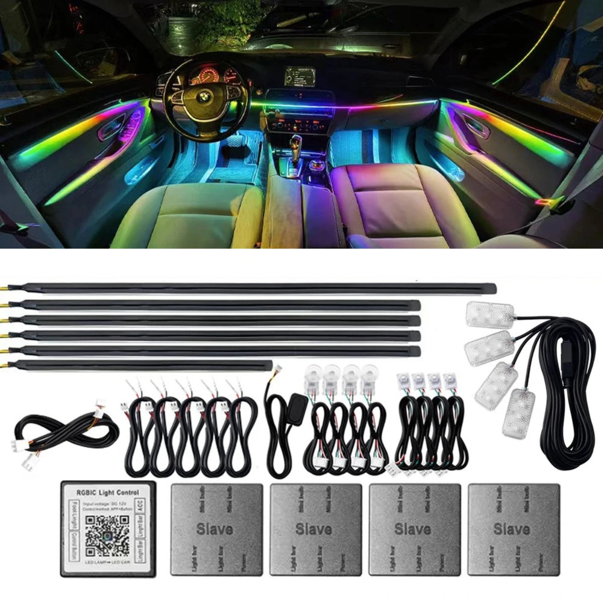 Dual-Zone Ambient Light Kit glowing multicolour on dashboard and doors with LED strips, controllers and cables below