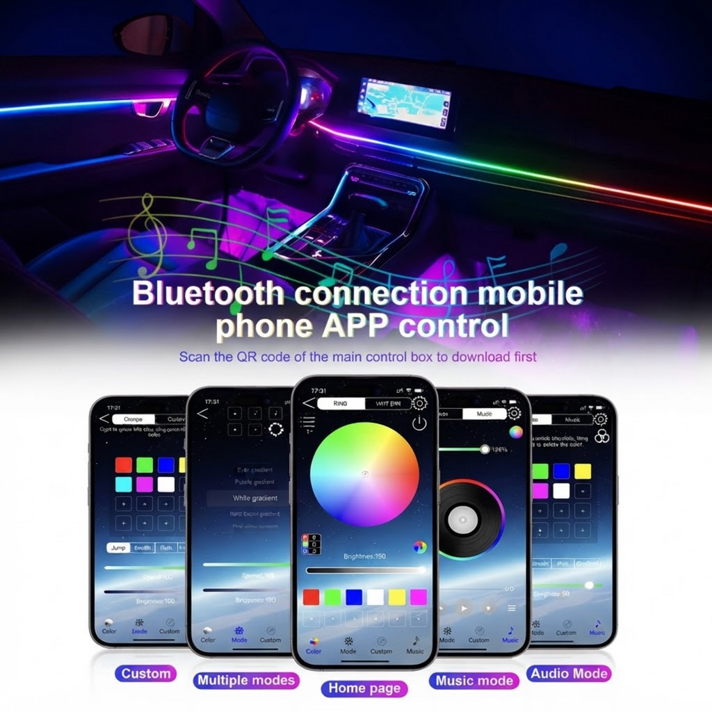 Dual-Zone Ambient Light Kit Bluetooth phone app screens with colour wheel, custom, music and audio modes