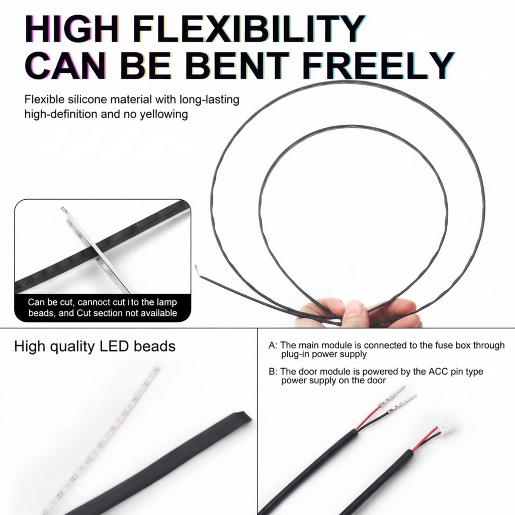 Dual-Zone Ambient Light Kit flexible silicone LED strip with cut line, LED bead close-up and power connectors