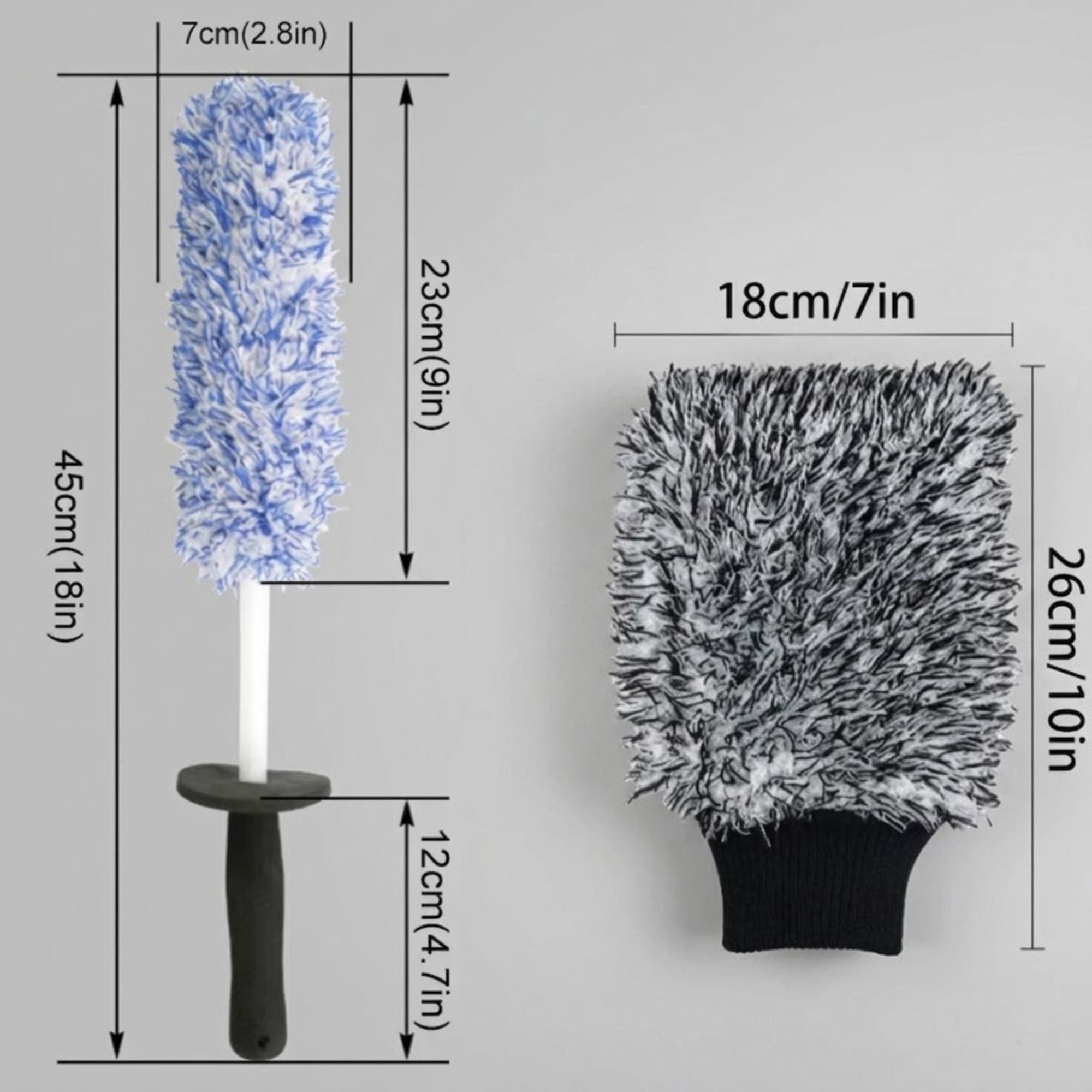 Dual-zone car wash kit showing the wheel cleaning brush and wash mitt together with full size dimensions
