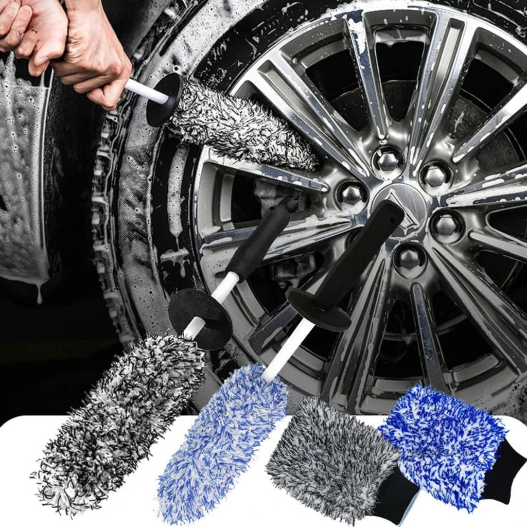Car wheel cleaning brush set with a person cleaning a tire.