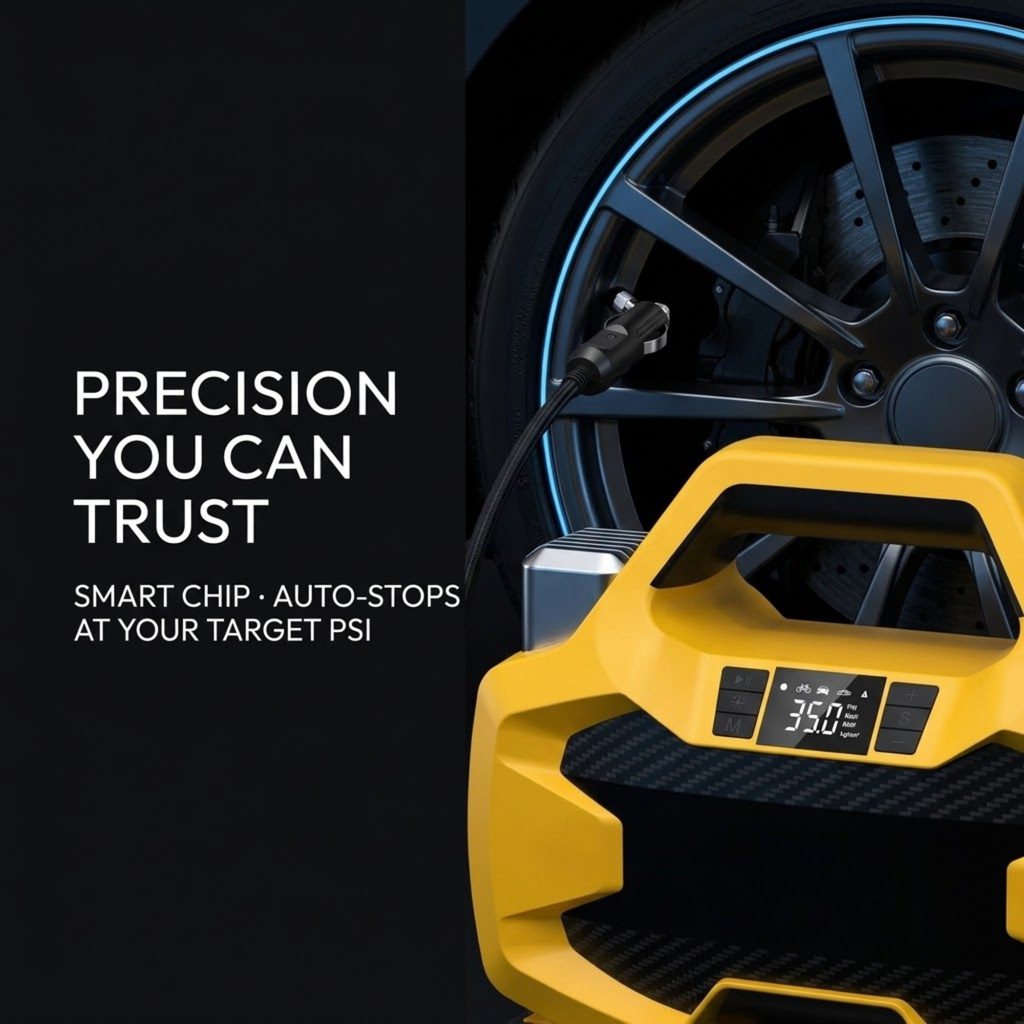 Yellow and black portable air compressor shown next to a car tire with a charging plug connected, on a dark background with marketing text about precision and PSI display.