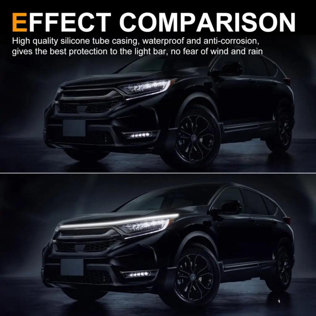 A promotional comparison graphic showing a black SUV from two angles under dark lighting, with text at the top reading 'EFFECT COMPARISON' and describing waterproof and anti-corrosion silicone tube casing for a light bar.