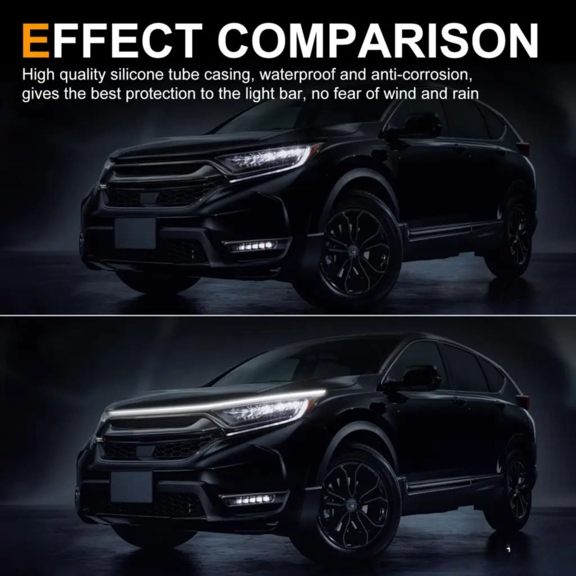 A promotional comparison graphic showing a black SUV from two angles under dark lighting, with text at the top reading 'EFFECT COMPARISON' and describing waterproof and anti-corrosion silicone tube casing for a light bar.