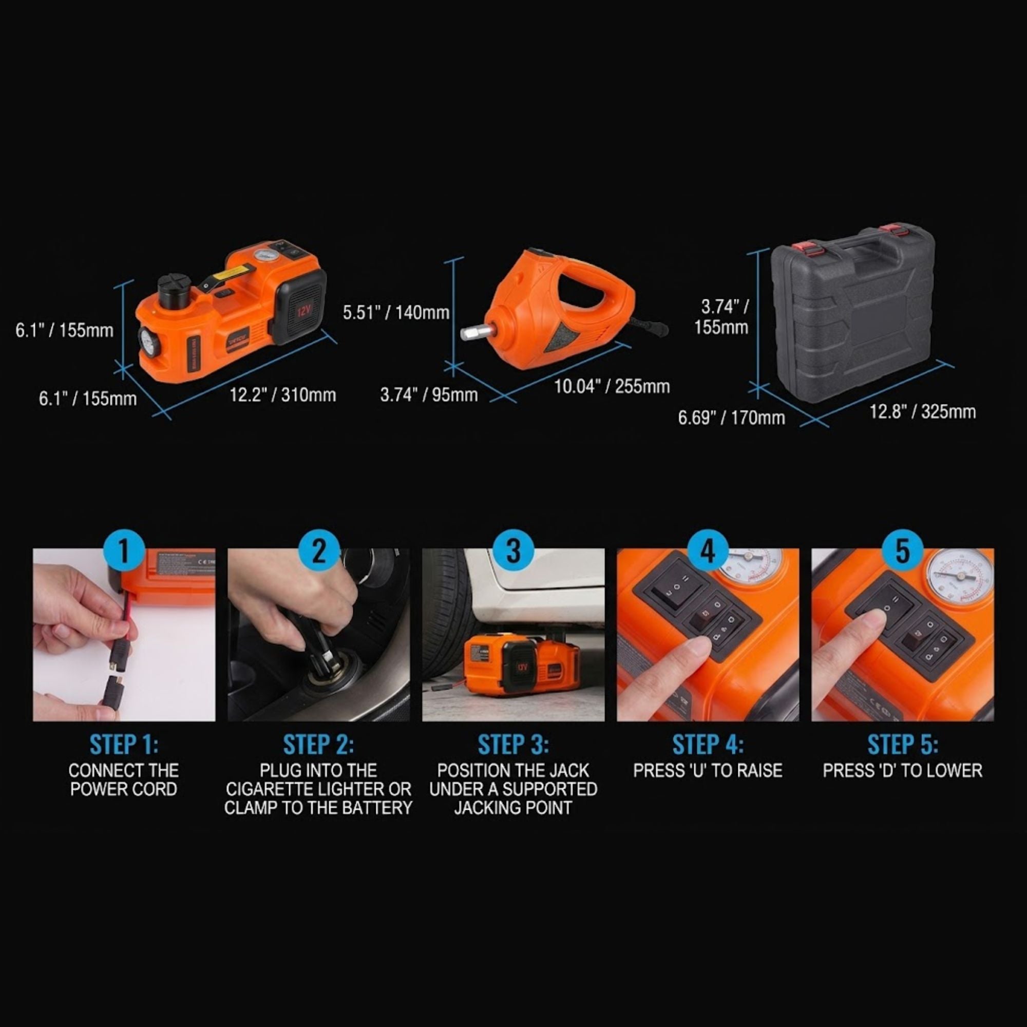 An orange and black portable jack with dimension labels, shown alongside a gray carrying case. Below are five illustrated steps showing how to connect, plug in, position, raise, and lower the jack.