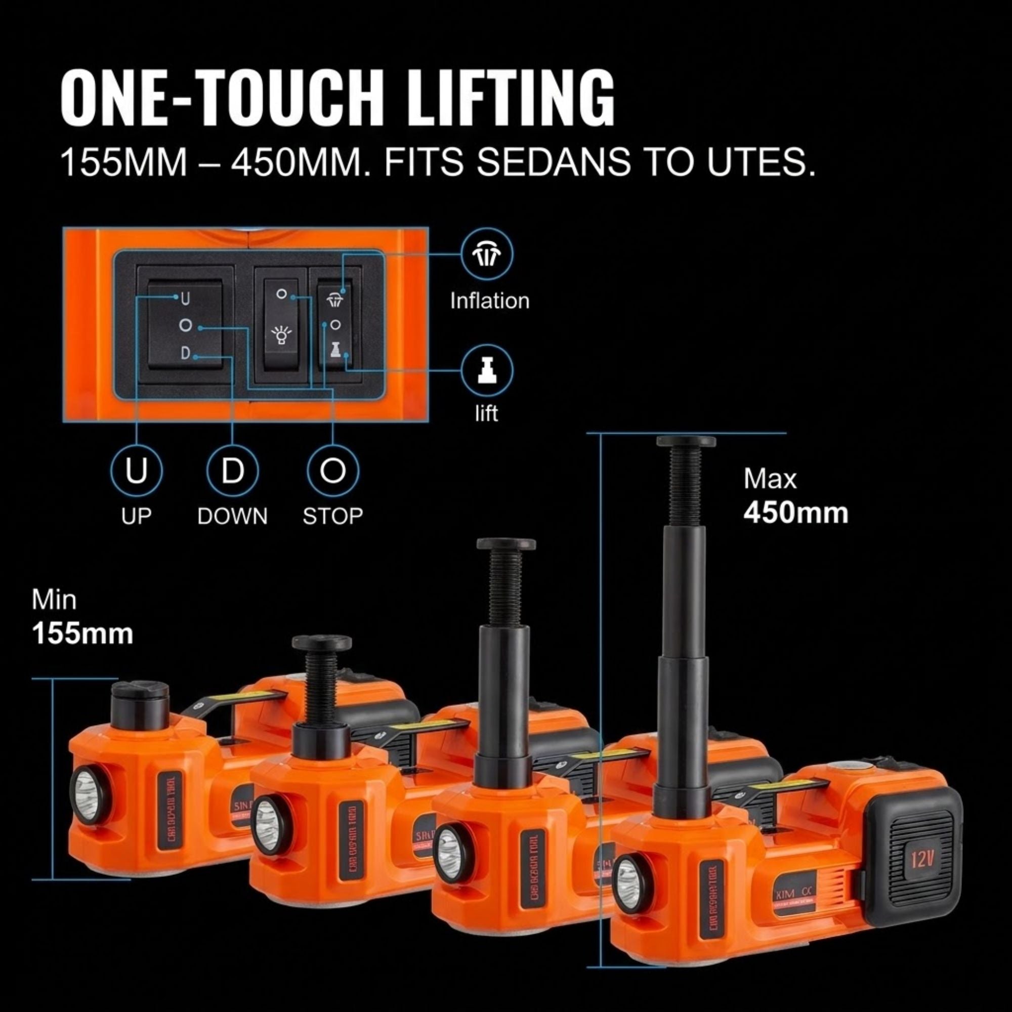 Three orange and black cordless jack lifts arranged on a black background, with text reading 'ONE-TOUCH LIFTING' and dimension callouts showing 155mm minimum, 450mm maximum, and fitment for sedans to Utes. A small inset shows the control panel with up, down, stop, and lift buttons.
