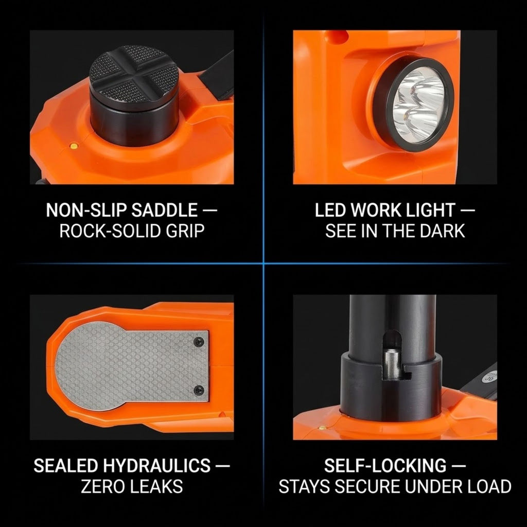 Benefits of orange and black electric hydraulic cordless jack lift kit. Non-slip saddle - rock-solid grip. LED work light - see in the dark. Sealed hydraulics - zero leaks. Self-locking - stays secure under load.