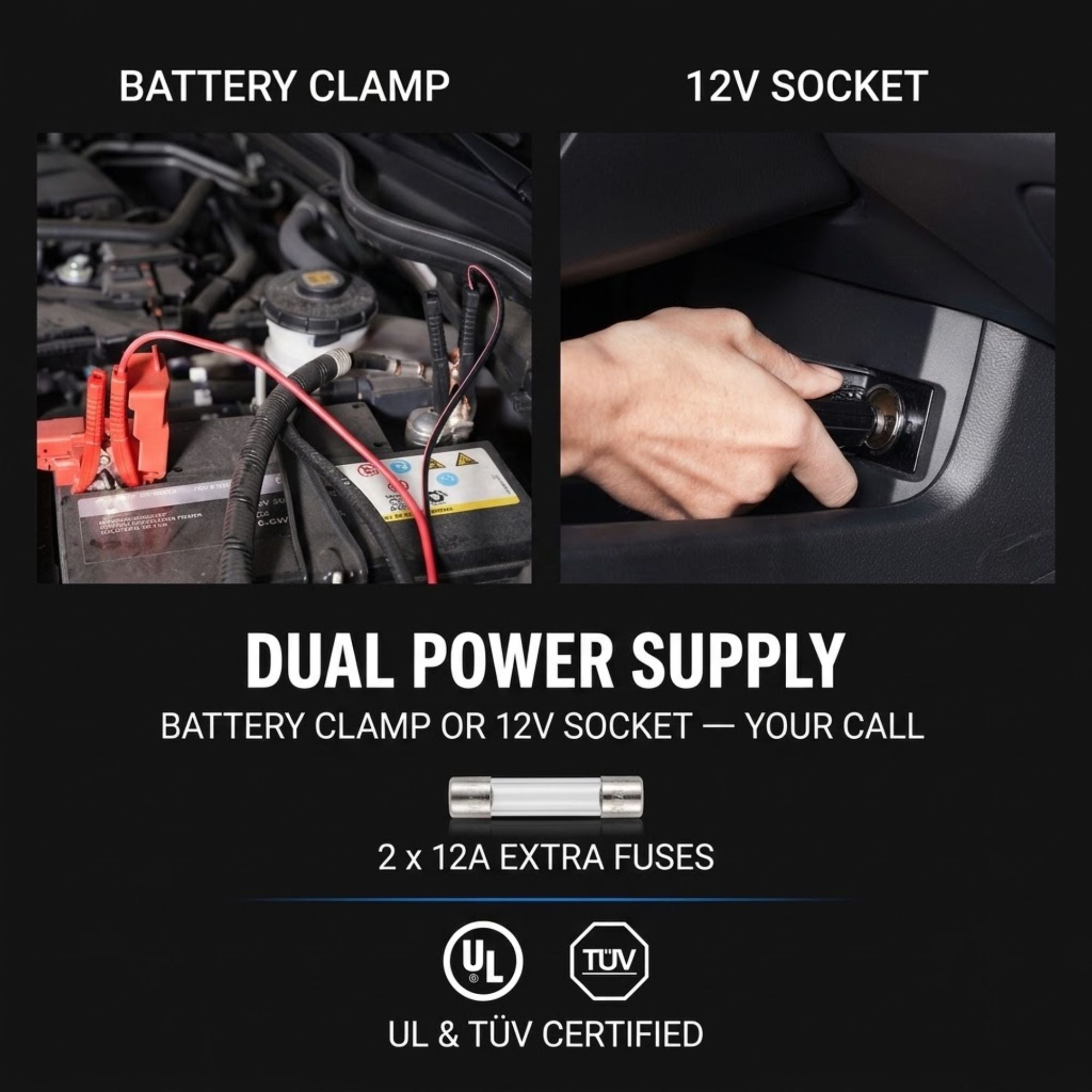 Dual power supply of orange and black electric hydraulic cordless jack lift kit. Battery clamp or 12V socket. 2 x 12A extra fuses that are UL & TUV certified.