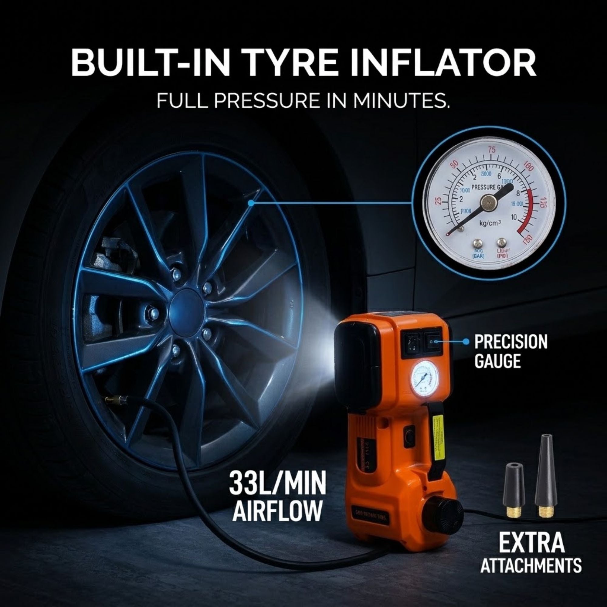 An orange built-in tyre inflator with a precision gauge and extra nozzle attachments, shown beside a car wheel with text reading 'BUILT-IN TYRE INFLATOR' and '33L/MIN AIRFLOW'.