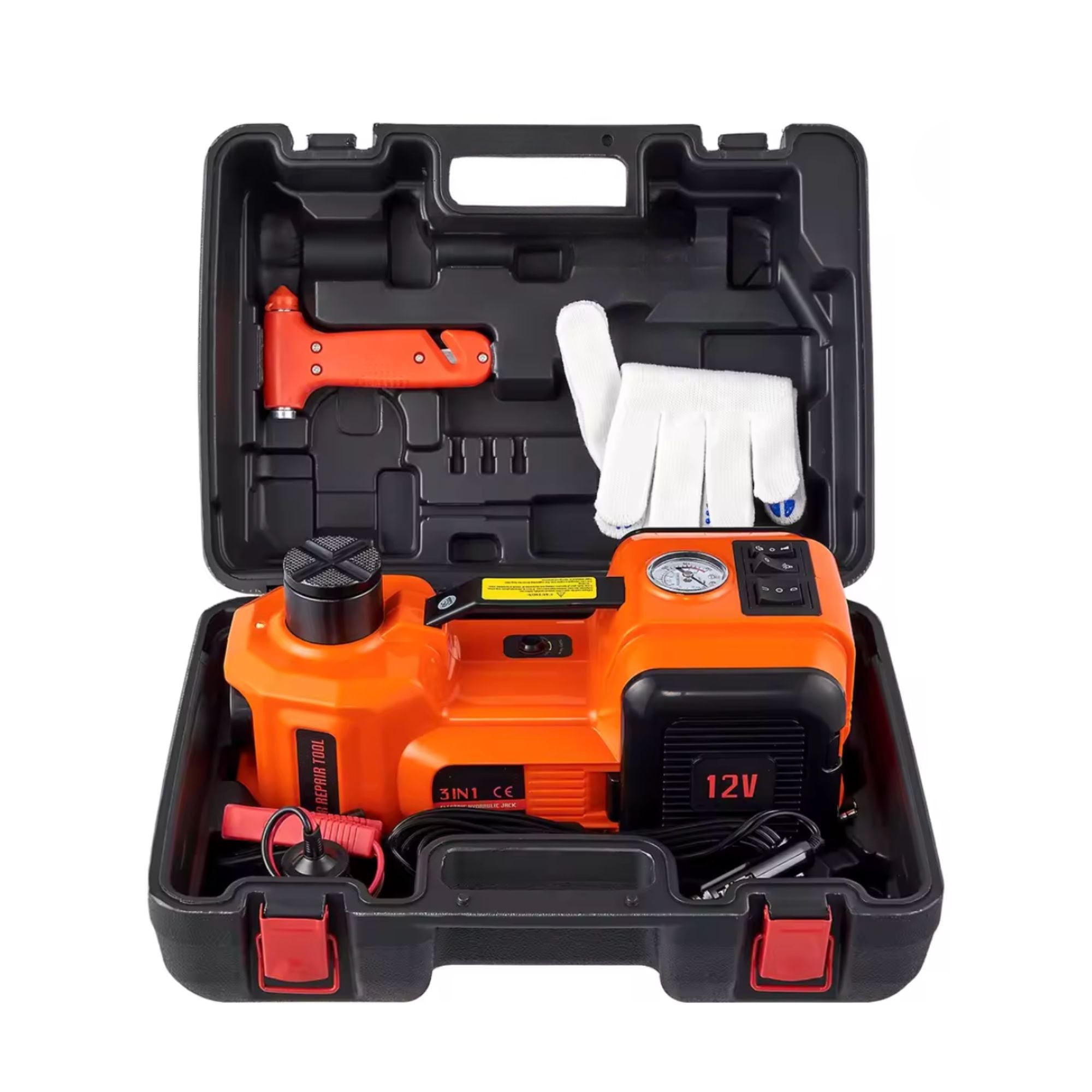 An orange and black 12V car battery jump starter kit displayed inside its open black plastic carrying case, with a red tool, white gloves, and cables arranged in the molded compartments.