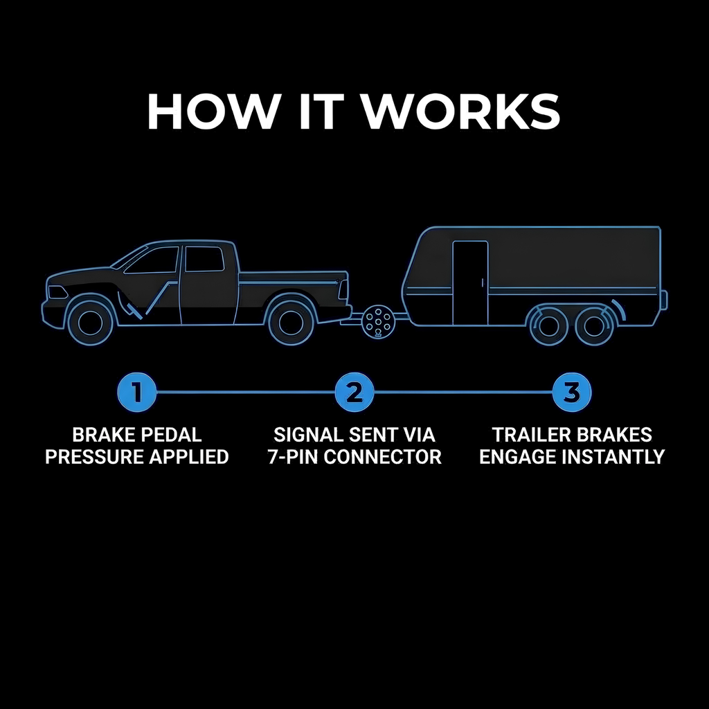 An infographic on a black background titled 'HOW IT WORKS' showing a truck towing a trailer, with blue line art and numbered callouts explaining brake pedal application, signal transmission via a 7-pin connector, and trailer brake engagement.