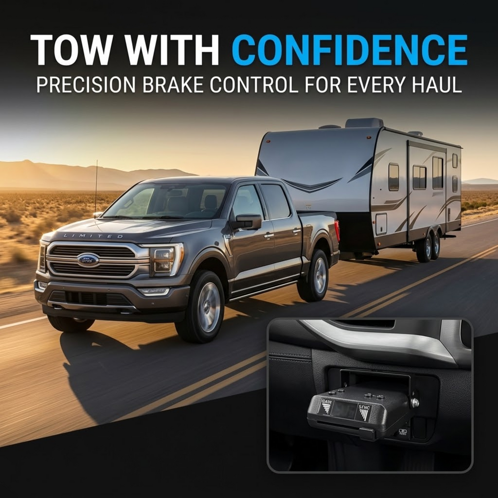 A dark gray Ford pickup truck towing a large white travel trailer on a desert highway, with marketing text reading 'TOW WITH CONFIDENCE' and a small inset showing a brake control module.