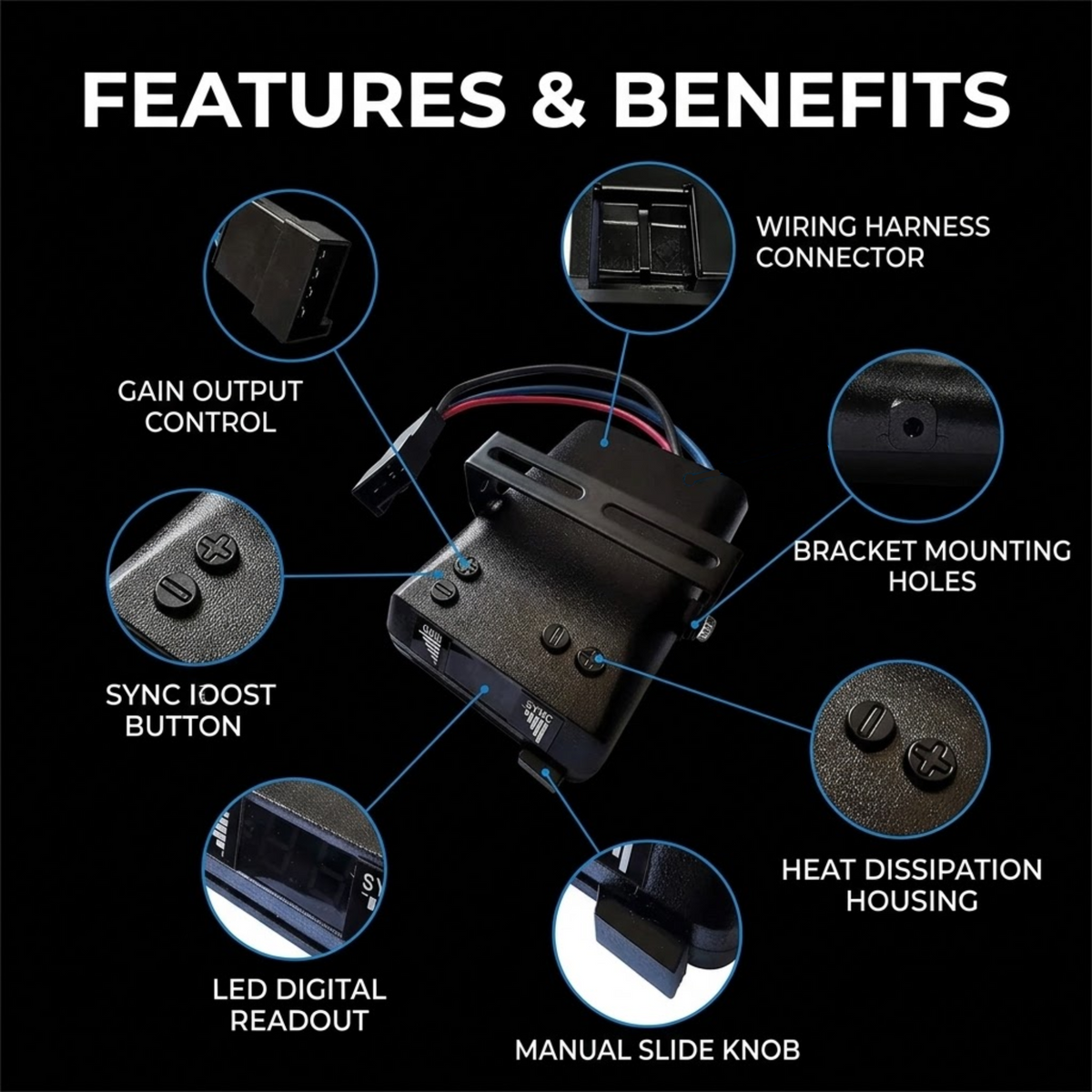 A black electronic control module labeled 'FEATURES & BENEFITS' with callout circles pointing to features such as wiring harness connector, bracket mounting holes, gain output control, sync boost button, LED digital readout, manual slide knob, and heat dissipation housing on a black background.