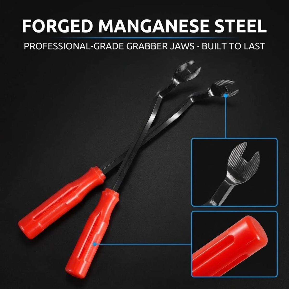 Two red-handled forged manganese steel grabber tools on a black background, with marketing text at the top and two inset detail views showing the metal jaws and red handle texture.