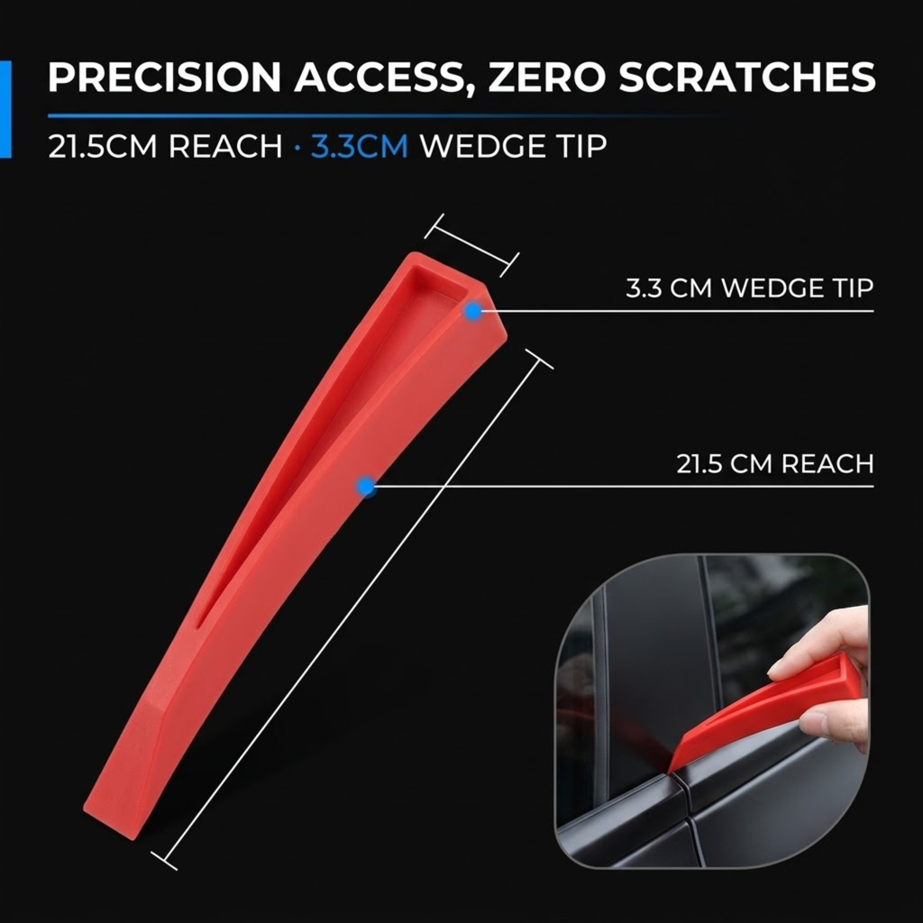 Red plastic window trim removal tool shown on a black background with text reading 'PRECISION ACCESS, ZERO SCRATCHES' and dimensions '21.5CM REACH • 3.