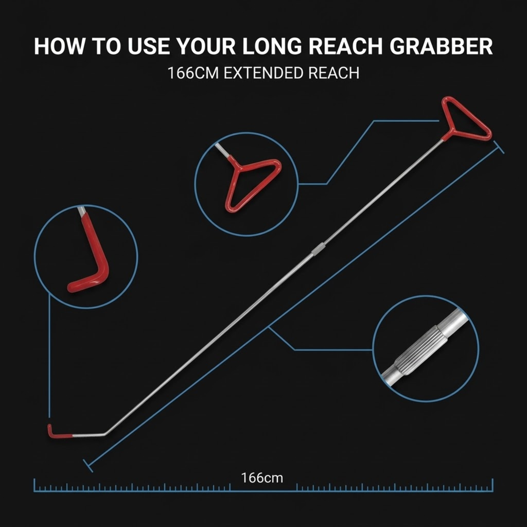 Instructional graphic showing a long reach grabber tool with text reading 'HOW TO USE YOUR LONG REACH GRABBER 166CM EXTENDED REACH,' plus three circular detail callouts and a 166cm measurement scale on a black background.