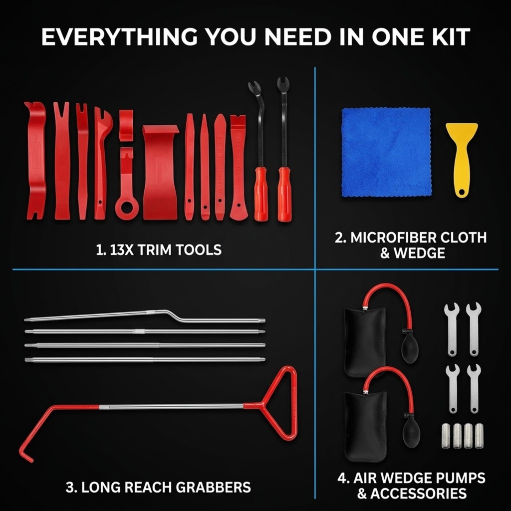 A 4-panel infographic showing a 13-piece trim tool kit on a black background. The panels label the contents: 1.