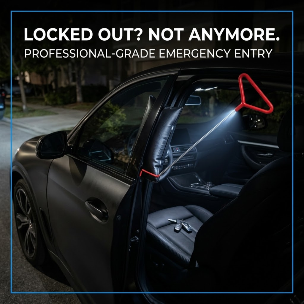 Emergency window breakout tool shown on a dark car door at night, with text reading 'LOCKED OUT? NOT ANYMORE. PROFESSIONAL-GRADE EMERGENCY ENTRY.
