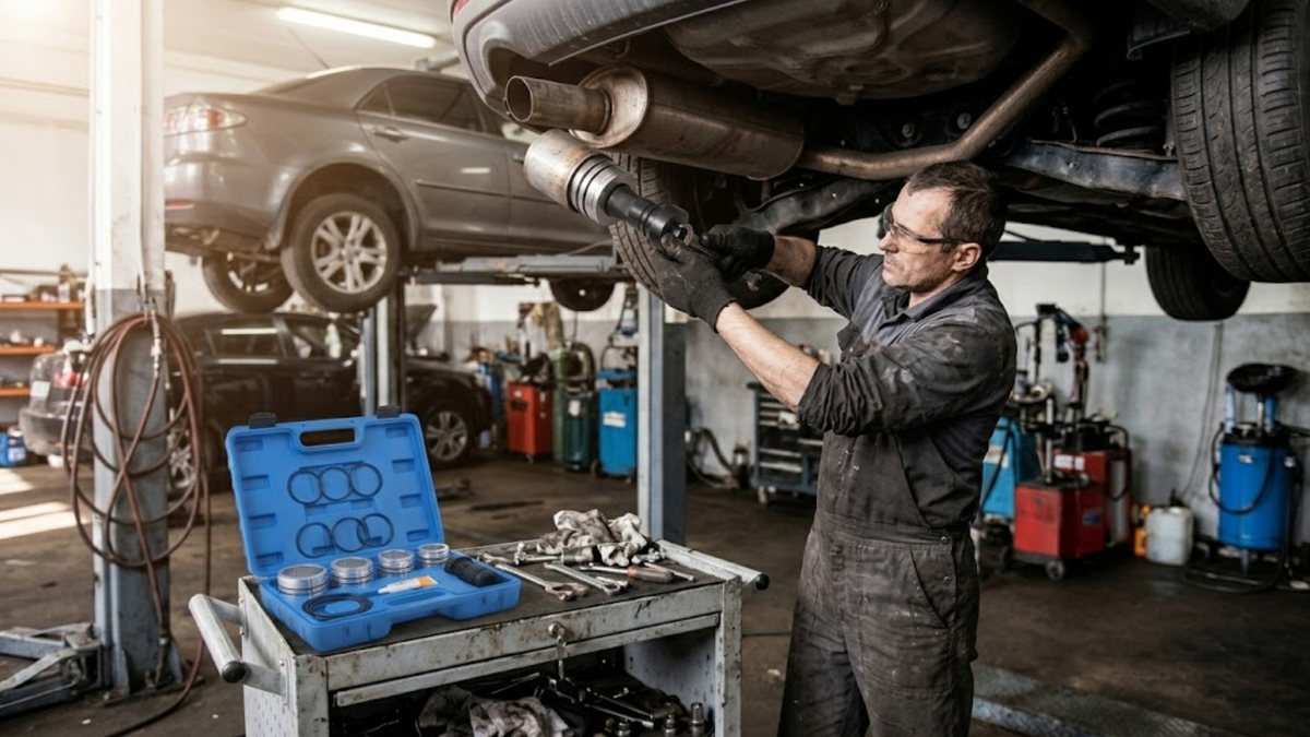 A mechanic in a garage works underneath a raised car, installing or adjusting a metallic exhaust component. A blue tool case with rings sits on a workbench in the foreground, with tools and another vehicle visible in the workshop.