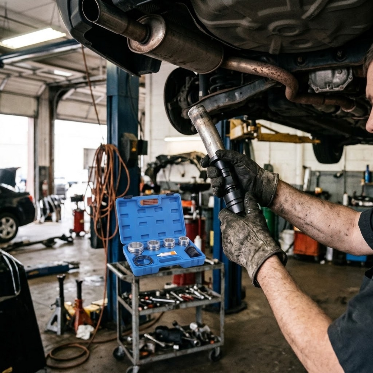 Mechanic in a workshop holding the Exhaust Pipe Expander Kit mandrel to a car exhaust pipe on a hoist, open blue case on a trolley
