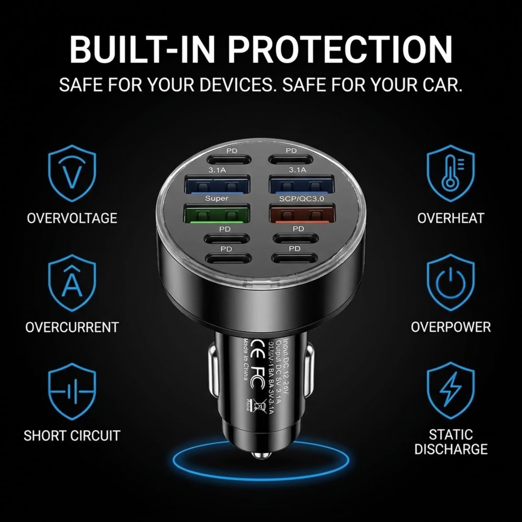 10-Port Fast Car Charger with icons for overvoltage, overcurrent, overheat, overpower, short circuit and static discharge protection