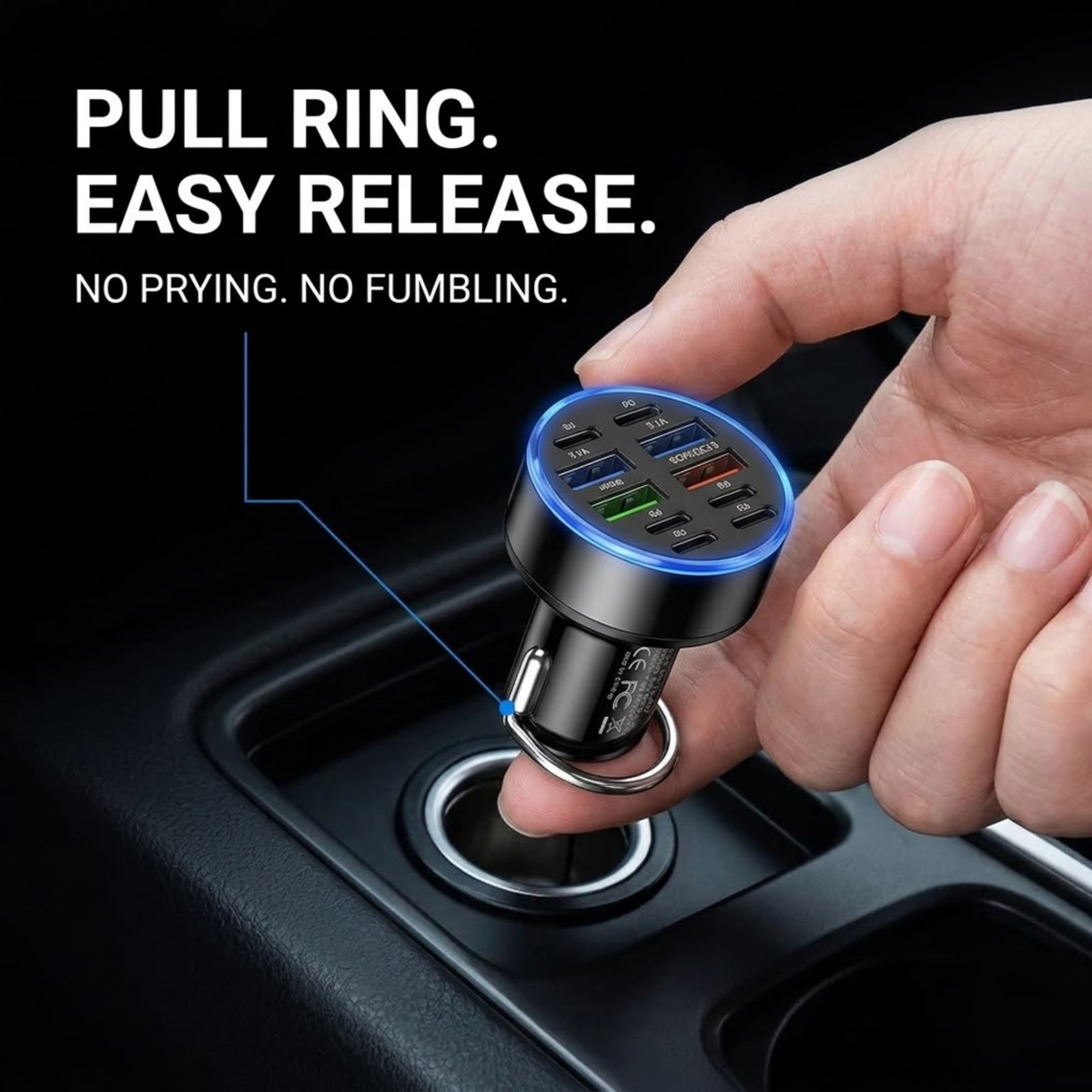Hand removing the 10-Port Fast Car Charger from a car socket using its pull ring