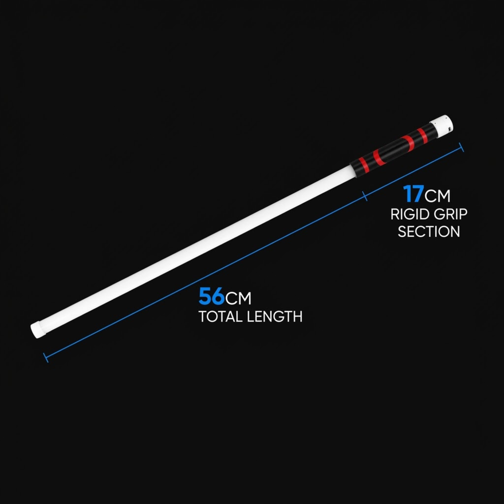 A white training baton or stick with red and black grip sections, shown diagonally on a black background with blue measurement lines and text indicating a total length of 56cm and a rigid grip section of 17cm.
