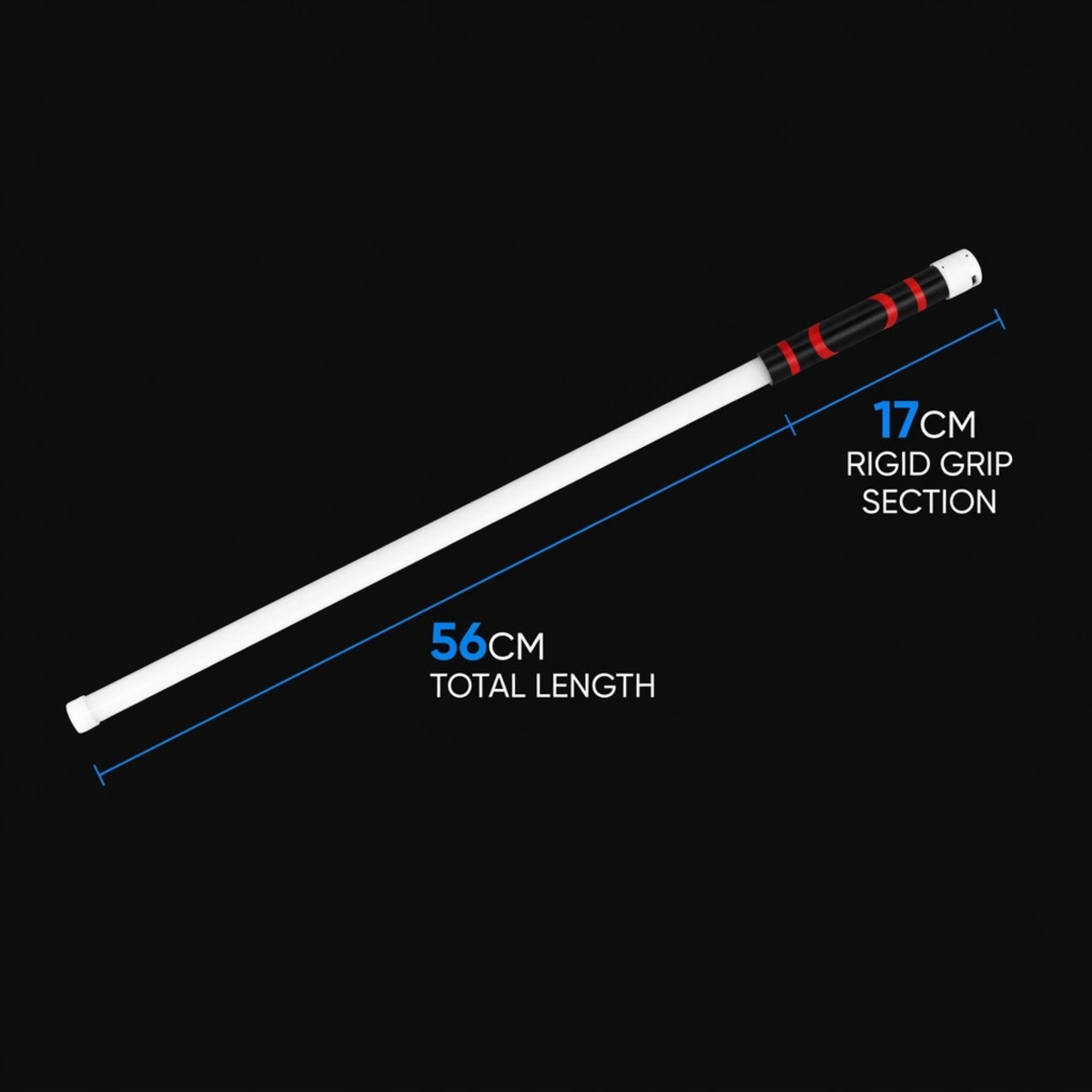 A white training baton or stick with red and black grip sections, shown diagonally on a black background with blue measurement lines and text indicating a total length of 56cm and a rigid grip section of 17cm.