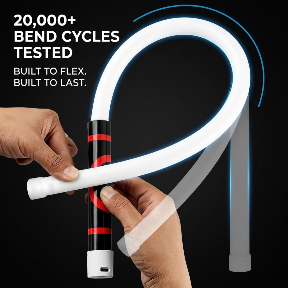 A flexible white LED tube light being bent by two hands against a black background, with text reading '20,000+ BEND CYCLES TESTED' and 'BUILT TO FLEX. BUILT TO LAST.