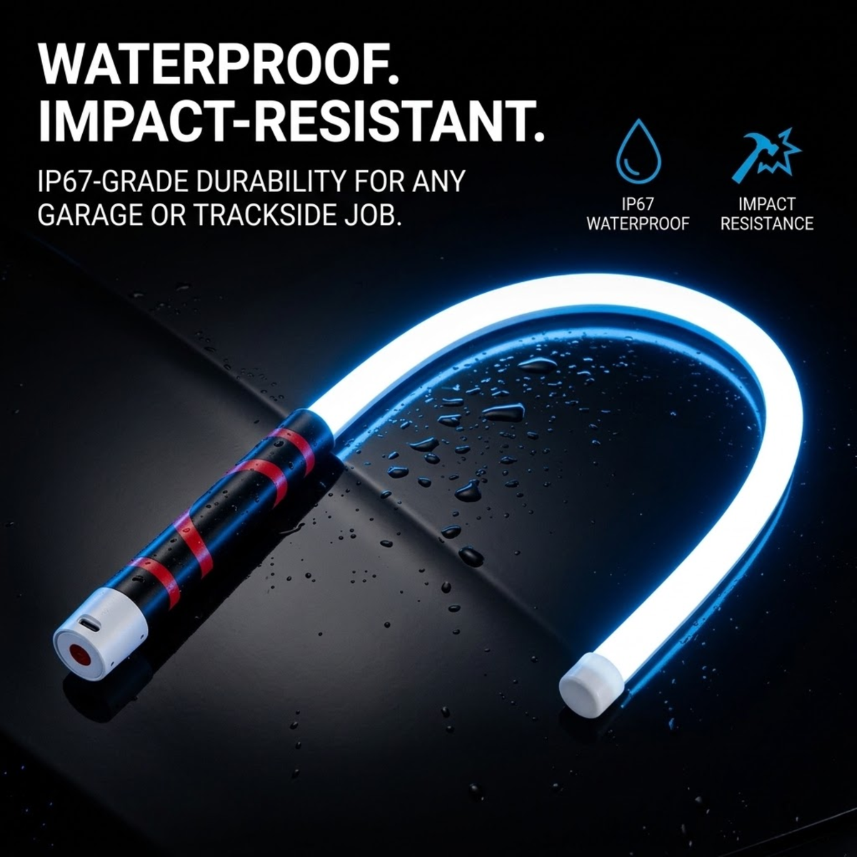 A curved U-shaped LED light tube with a black and red striped handle, shown on a dark reflective surface with water droplets. The image includes marketing text reading 'WATERPROOF.