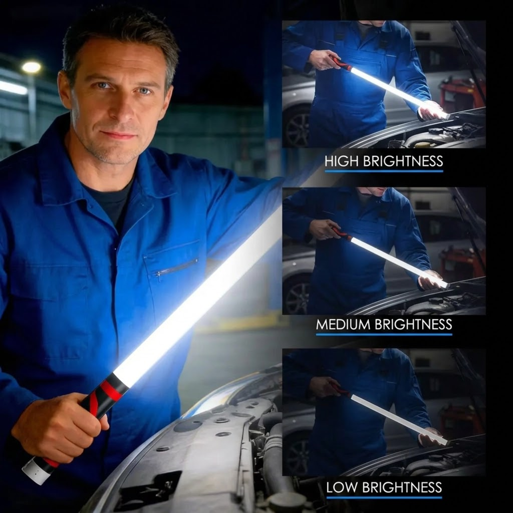 A man in a blue work jacket holds a long LED flashlight with a bright illuminated bar in a workshop setting. The left side shows him holding the light, while the right side has three smaller panels labeled HIGH BRIGHTNESS, MEDIUM BRIGHTNESS, and LOW BRIGHTNESS, demonstrating the light output.