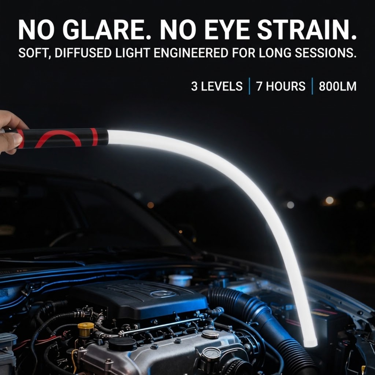 A handheld car engine light with a glowing curved beam illuminating an open car hood at night. Text at the top reads 'NO GLARE.