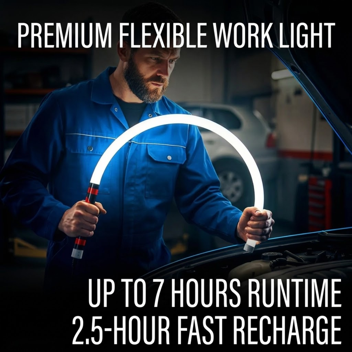 A man in a blue work jacket holds a flexible work light with a glowing curved tube over an open car hood in a garage. Large text reads 'PREMIUM FLEXIBLE WORK LIGHT' and 'UP TO 7 HOURS RUNTIME 2.