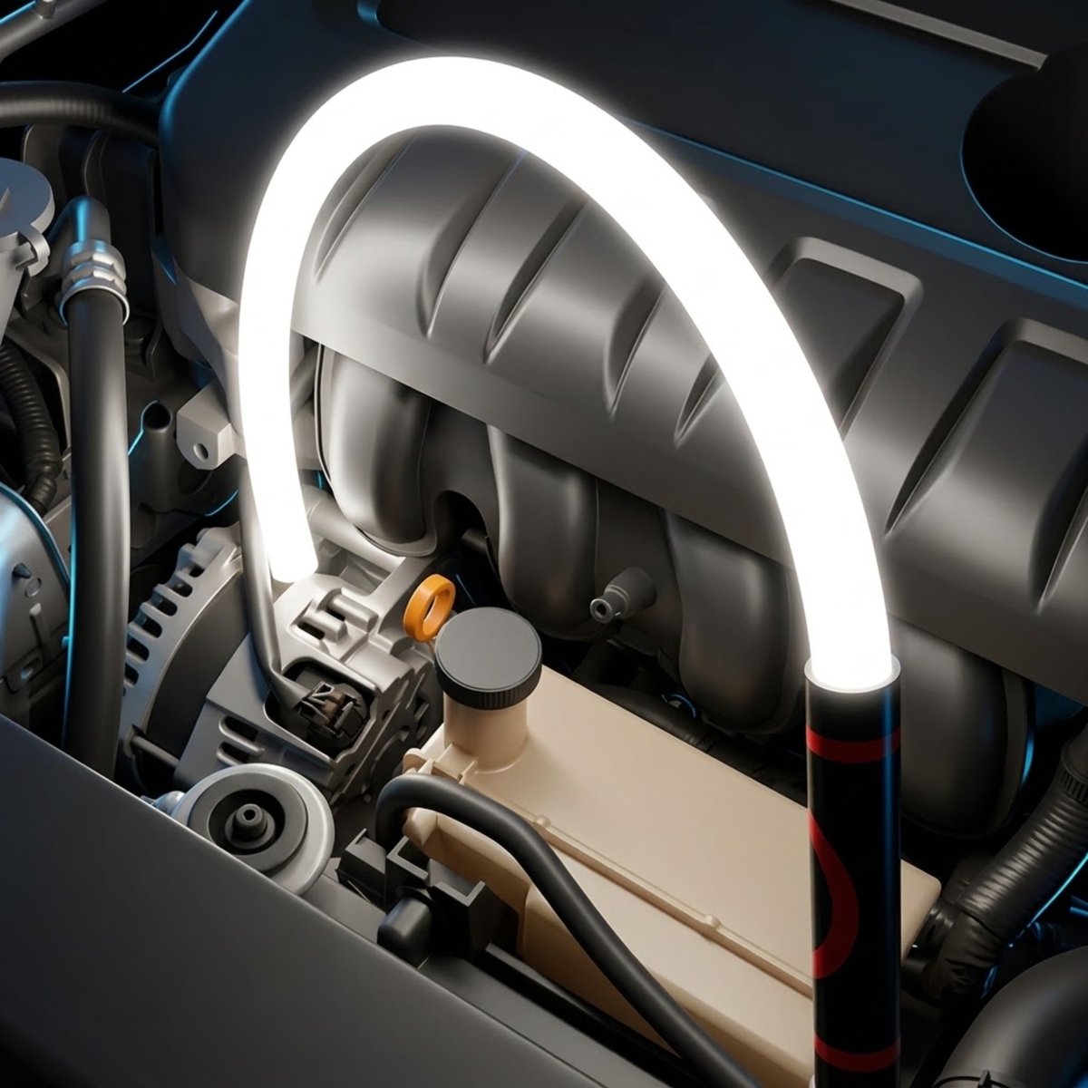A portable circular LED engine light with a black handle and red accents, illuminating an engine bay.