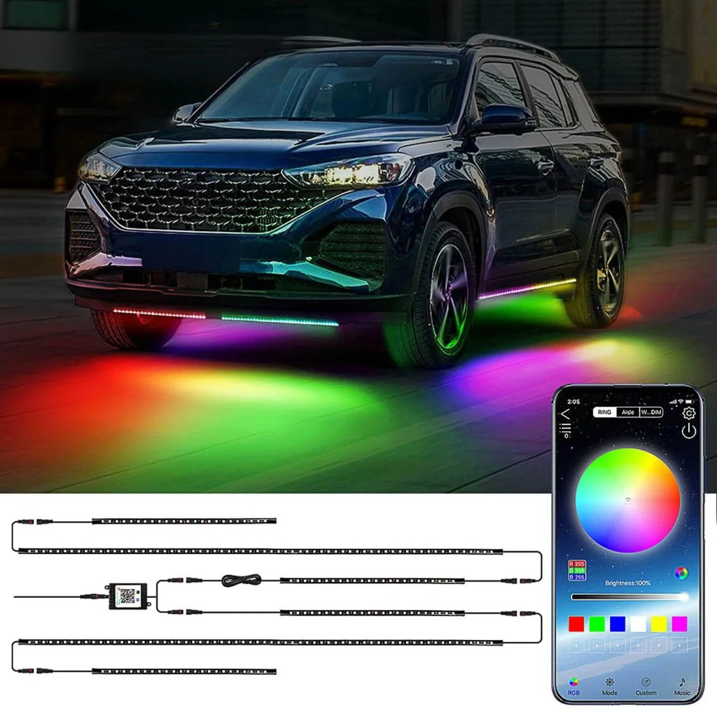 RGB Underglow Light Kit illuminating the underside of an SUV in flowing rainbow colours at night