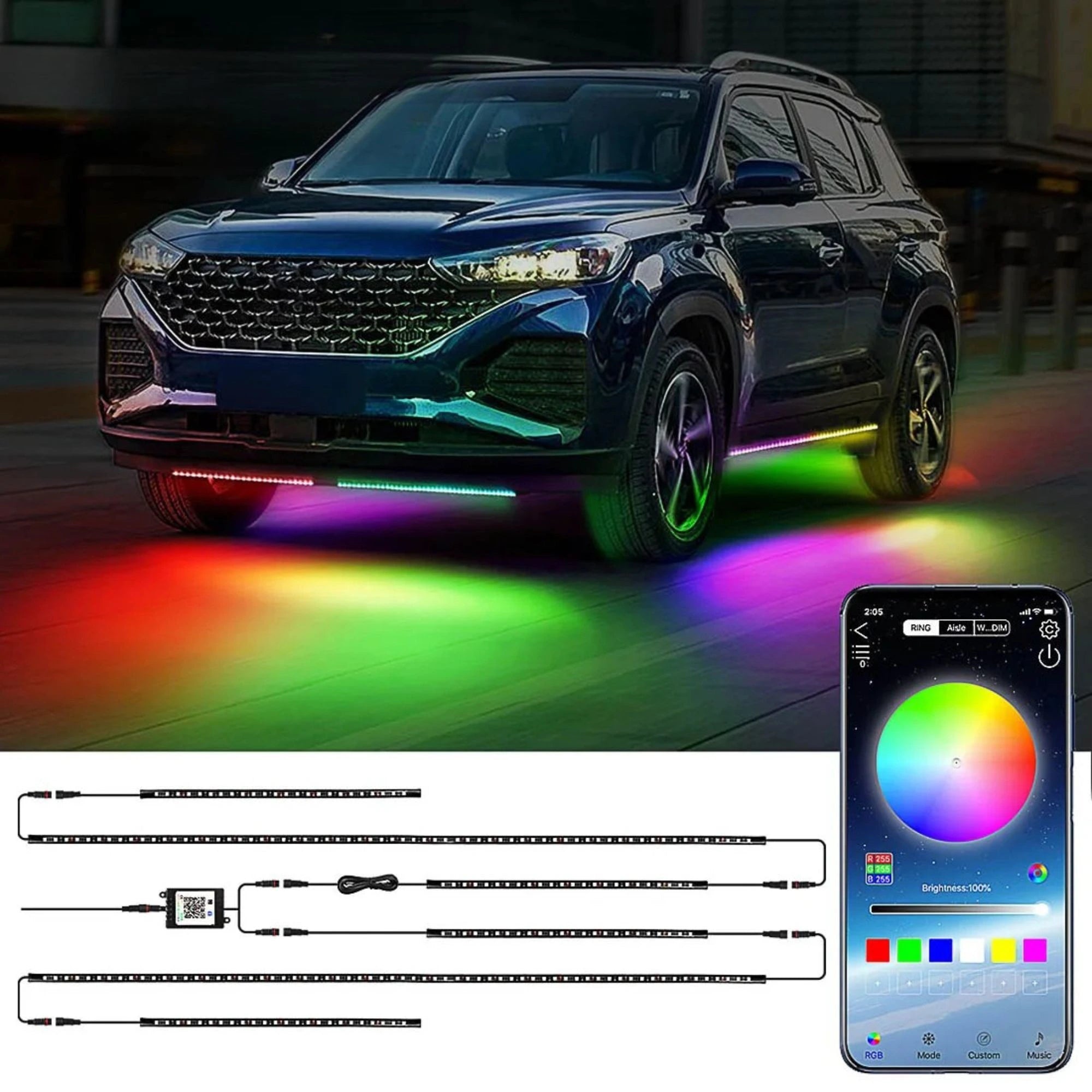 RGB Underglow Light Kit illuminating the underside of an SUV in flowing rainbow colours at night