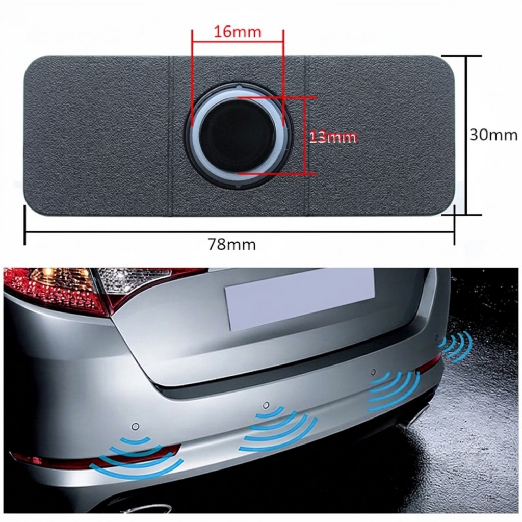 Flush-Fit Parking Sensor Kit sensor dimensions 78 mm by 30 mm with 16 mm head, and four sensors on a silver car rear bumper